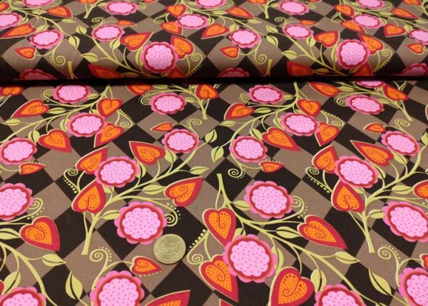 Alisia cotton poplin dark brown fabric with flowers